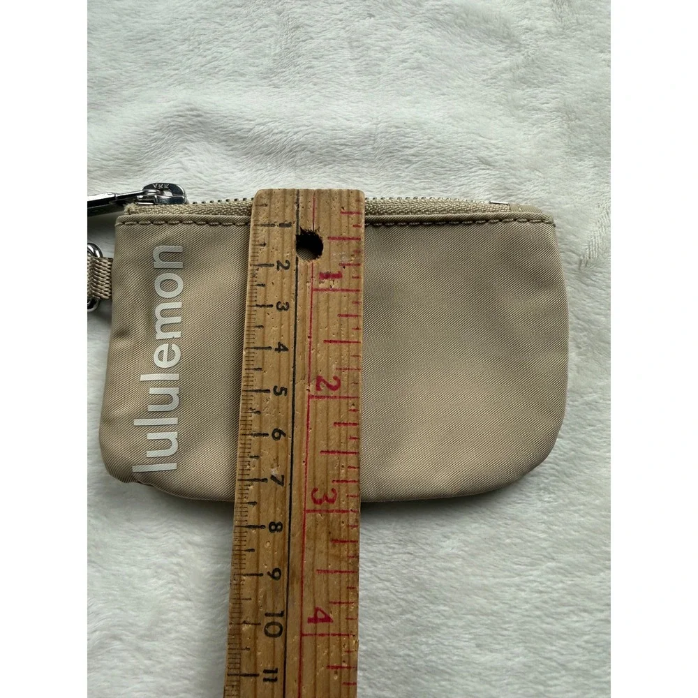 Lululemon Nano Pouch Tan Beige Keychain Coin Purse Wallet Mini Bag Silver Clip